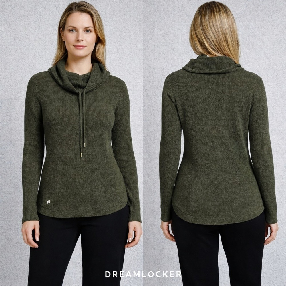 Lauren Ralph Lauren Green Waffle Knit Cowl Neck Drawstring Sweater Small‎